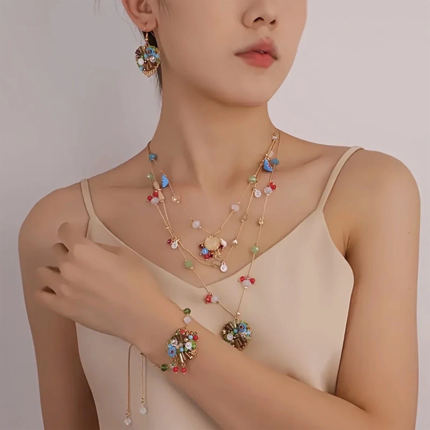 925 Silver, Multi-layer heart bead set, Bohemian style, pendant set with natural stones, gemstones, zirconia, crystals, pearls,