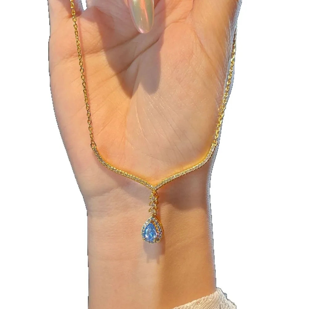 Mermaid Water Drop Aquamarine Necklace Women's Light Luxury Niche Design Pendant Accessories Collarbone Chain Tassel Lady