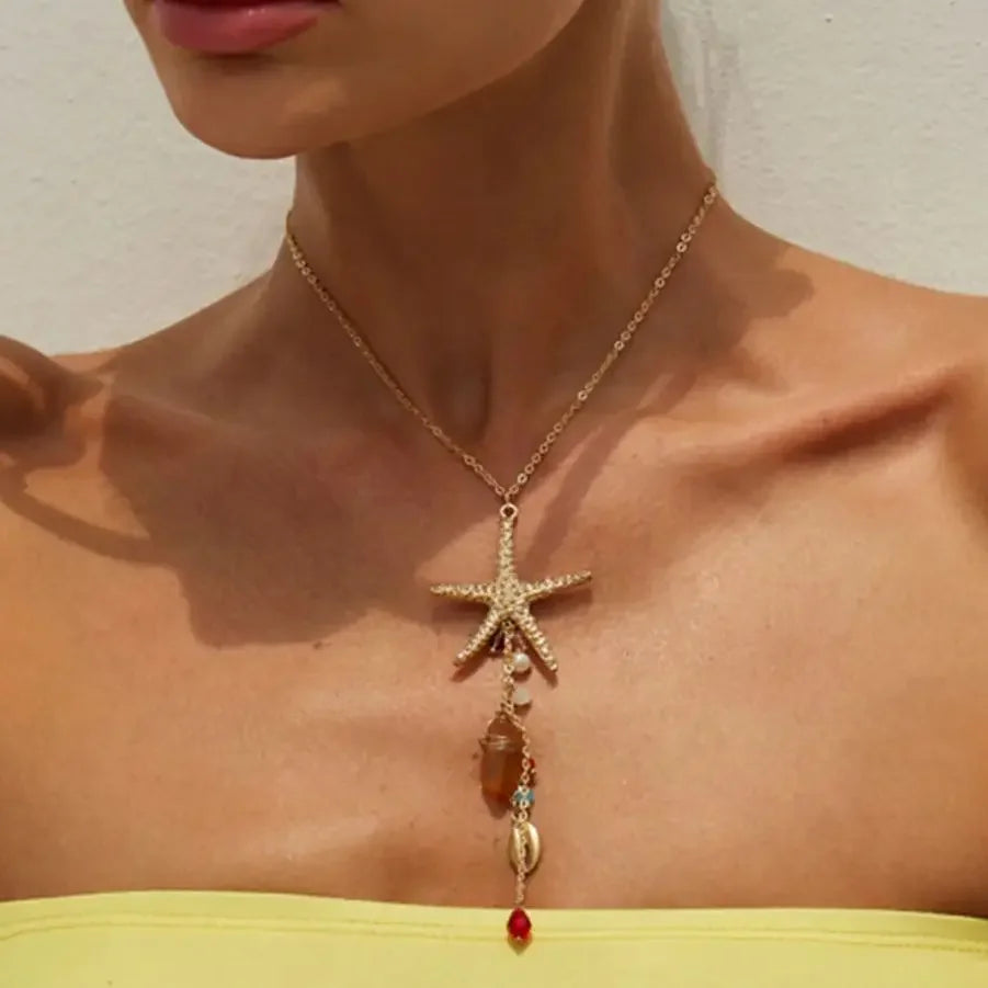 Bohemia Starfish Scallop Crystal Long Tassel Pendant Necklace For Women Summer/ Beach/ Vacation Charm Jewelry Accessories