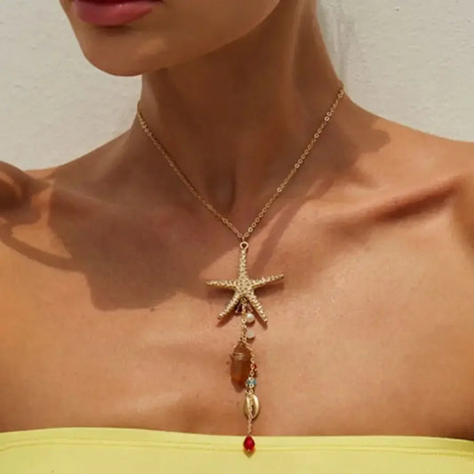 Bohemia Starfish Scallop Crystal Long Tassel Pendant Necklace For Women Summer/ Beach/ Vacation Charm Jewelry Accessories
