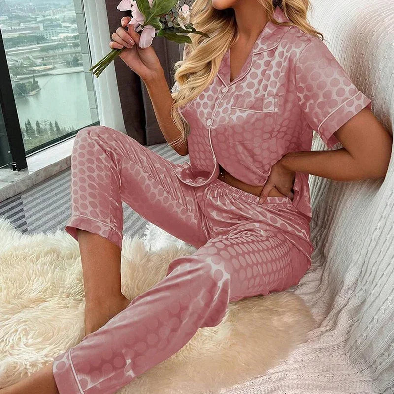 Women's Satin Pajama 2 Piece Outfits Lapel Button Sleepwear Home Clothes Suit Autumn Short Sleeve Pyjama Pijama Femme Loungewear