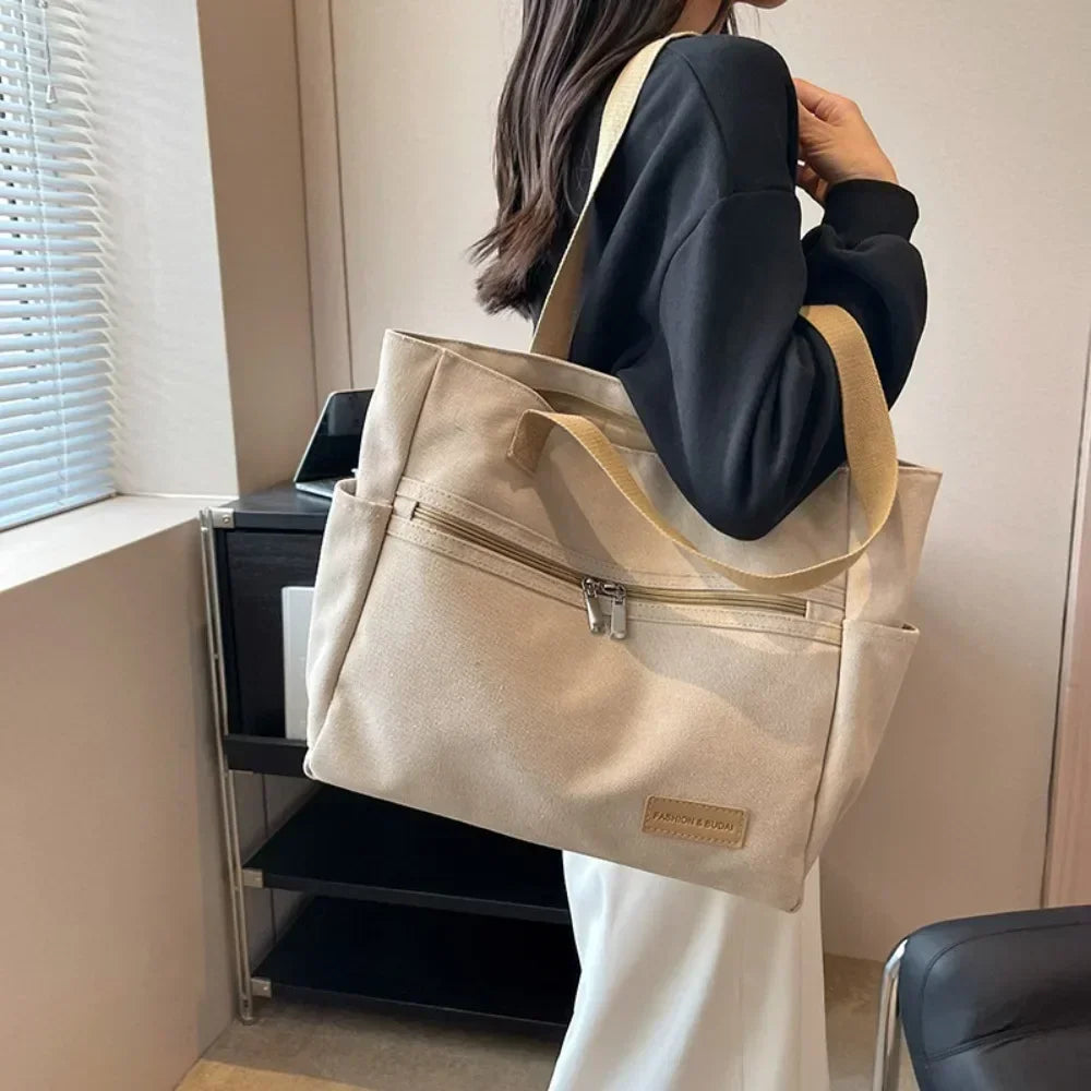 Fashion Retro Versatile Canvas Tote Bag Leisure Student Shoulder Bags Portable Handbag with Zipper for Women
