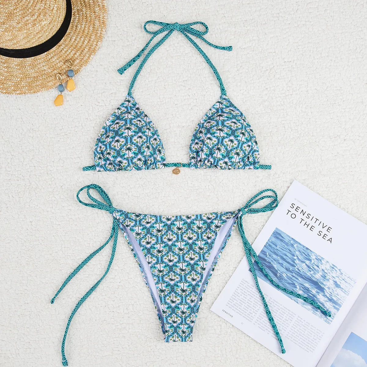 2025 New Summer Swimwear Bikini Set Sexy Print Backless Bikini 2 Piece Set Women Laced Up Split Swimsuit High Waist Beach Bikini