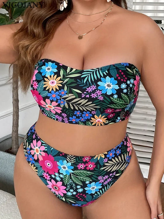2025 Print Bandeau 2 Piece Plus Size Bikini Set Women Push Up High Waist Large Big Swimsuit Beach Bathing Suit