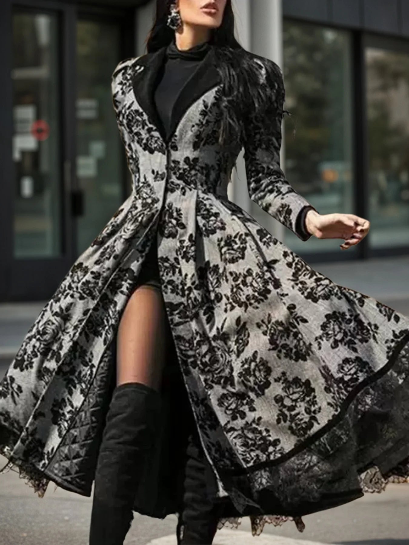 Women's New Retro Floral Lace Patchwork Long Jacket, V-Neck, Slit Hem, Comfortable Fit, Machine Washable, Suitable for Spring