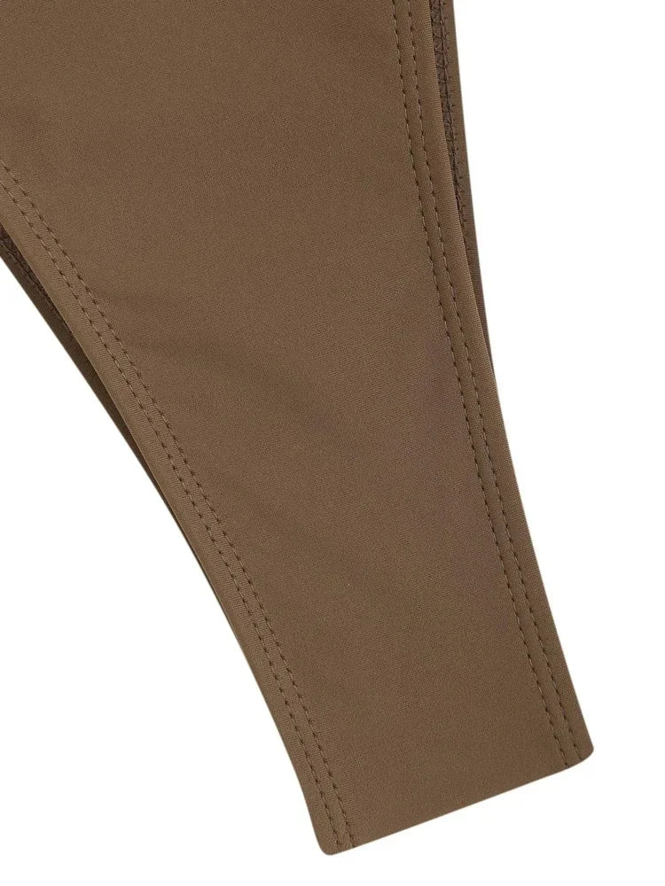 Solid O Ring 2025 New Swimsuit For Women Tie Side Shiny Metal Hardware Ring Bandeau Bikini Swimwear Padded Bra Top Low Waisted