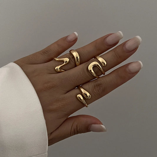 Geometric Metal Irregular Rings for Women Vintage Gold Color Curved Open Ring Set Fashion Jewelry Gift