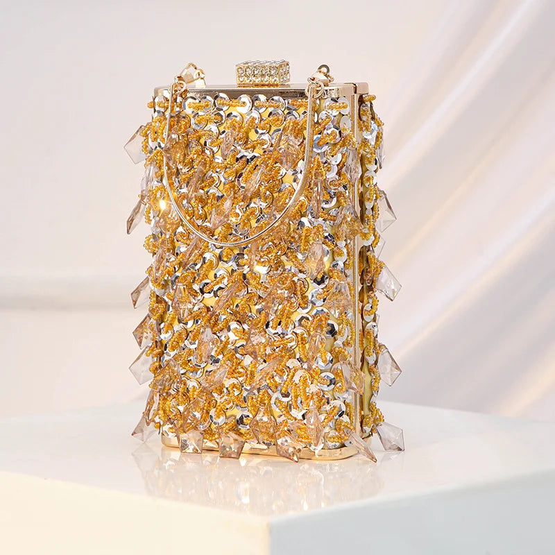 Women's Retro Evening Bags Beaded Embroidered Ladies Clutch Purse Vertical Square Box Shoulder Chain Wedding Party Handbags Bags