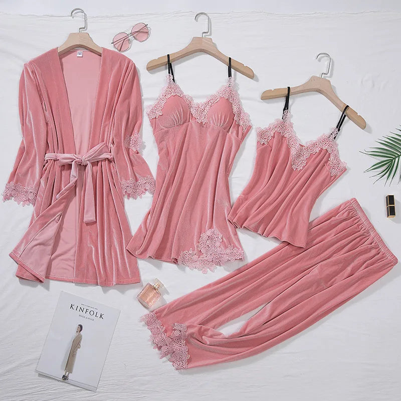 TOP Casual Velour Home Clothing 4pcs Sleep Set Intimate Lingerie Women Pajamas Suit Long Sleeve Lace Velvet Homewear Pyjamas set