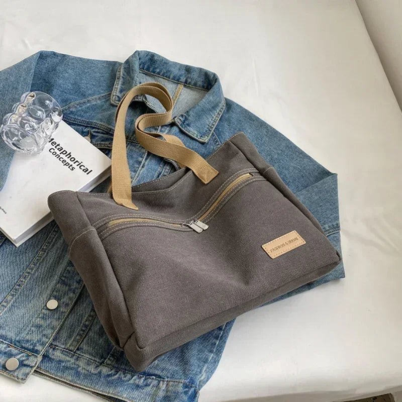 Fashion Retro Versatile Canvas Tote Bag Leisure Student Shoulder Bags Portable Handbag with Zipper for Women