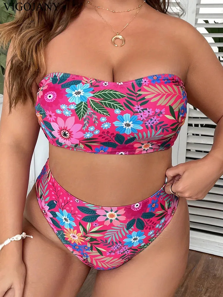 2025 Print Bandeau 2 Piece Plus Size Bikini Set Women Push Up High Waist Large Big Swimsuit Beach Bathing Suit
