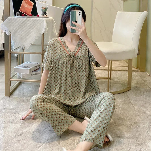 Spring Summer Pajamas Women Short Sleeve Pants Suit Cotton Rayon V-Neck Korean Home Wear Set Large Size Ladies Sleepwear