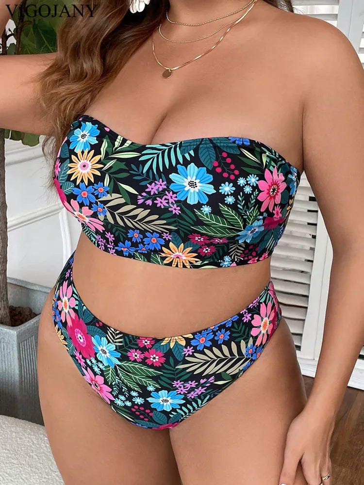2025 Print Bandeau 2 Piece Plus Size Bikini Set Women Push Up High Waist Large Big Swimsuit Beach Bathing Suit