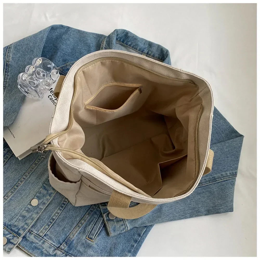 Fashion Retro Versatile Canvas Tote Bag Leisure Student Shoulder Bags Portable Handbag with Zipper for Women