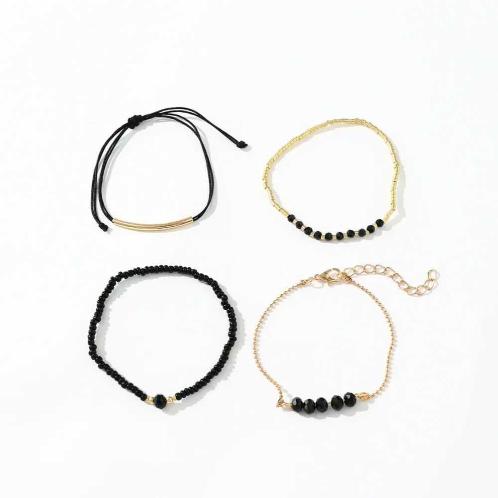 4Pcs/Set Fashion Black Glass Stone Bracelets For Women Boho Handmade Jewelry Accessories