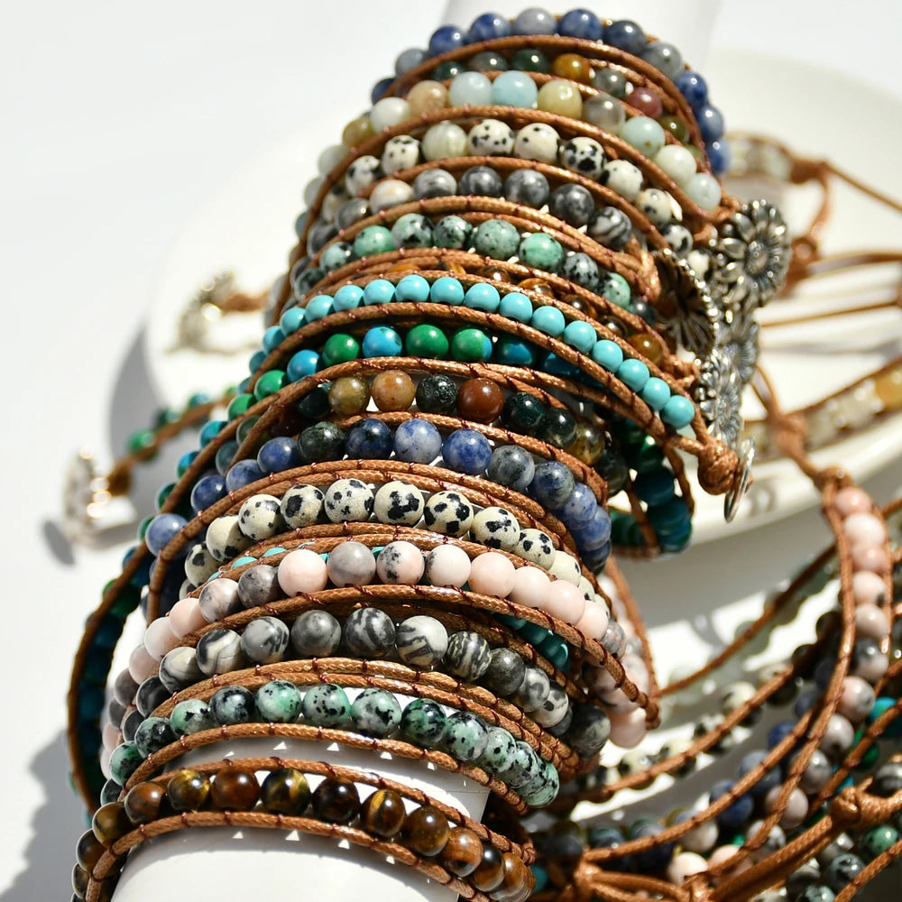 Boho Natural Stone Wrap Bracelet Leather Multilayers Colorful Jasper Agate Beaded Flower Charm Handmade Bracelets