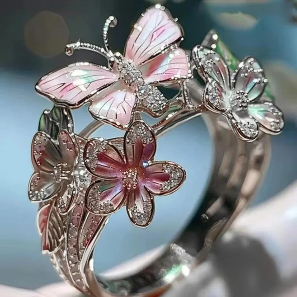 Aesthetic Flower Butterfly Rings for Female Romantic Rhinestone Stylish Non-fading Opening Ring Women Jewelry Gift