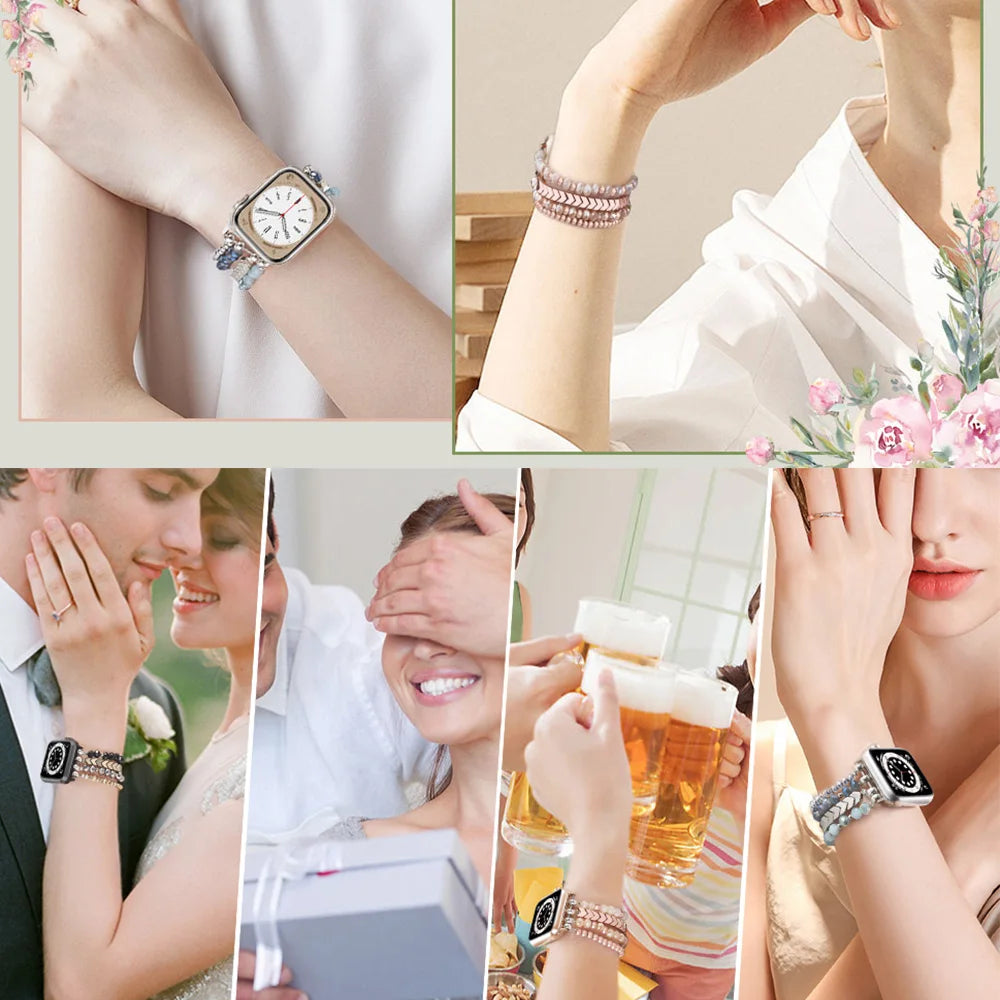 Beaded Compatible Apple Watch Band 38 40 41 42 44 45mm for Women, iWatch Series SE 9 8 7 6 5 4 3 2 1 Handmade Elastic Band