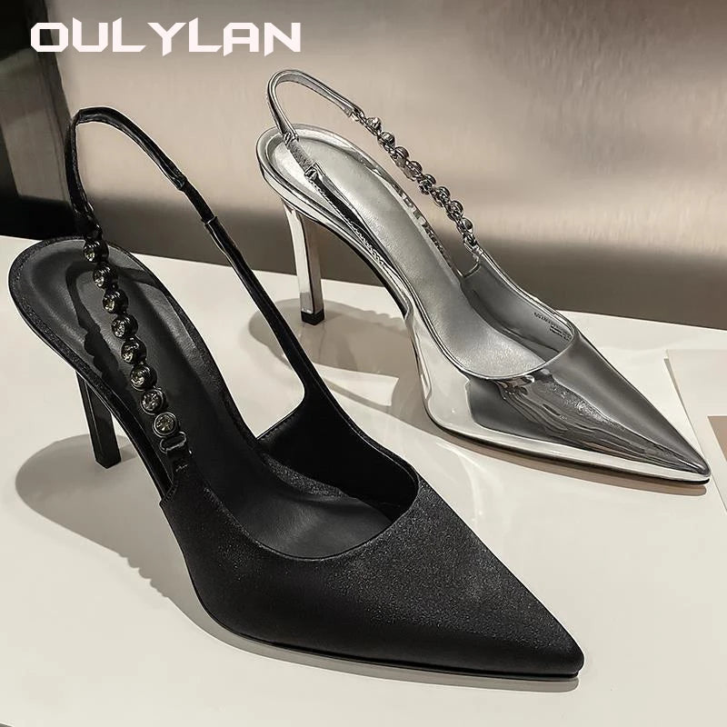 Pumps Metallic Crystal Sandals Shiny High Heels Slingback Silver Women Pointy Toe Stiletto Heeled Shoes Party Dress Shoes
