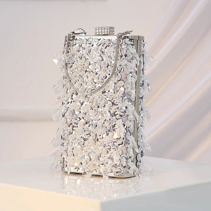 Women's Retro Evening Bags Beaded Embroidered Ladies Clutch Purse Vertical Square Box Shoulder Chain Wedding Party Handbags Bags