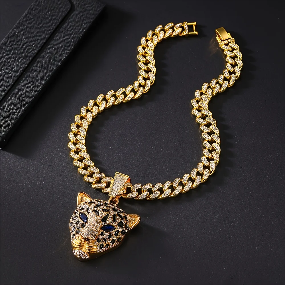 Leopard Necklace Zinc Alloy Diamond Leopard Head Pendant  Luxury Cuban Chain Hip Hop