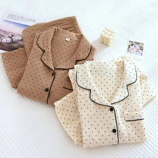 2025 Spring and Autumn New Women's Pajama Set 100%cotton crepe long-sleeved trousers two-piece polka dot cute home wear thin set