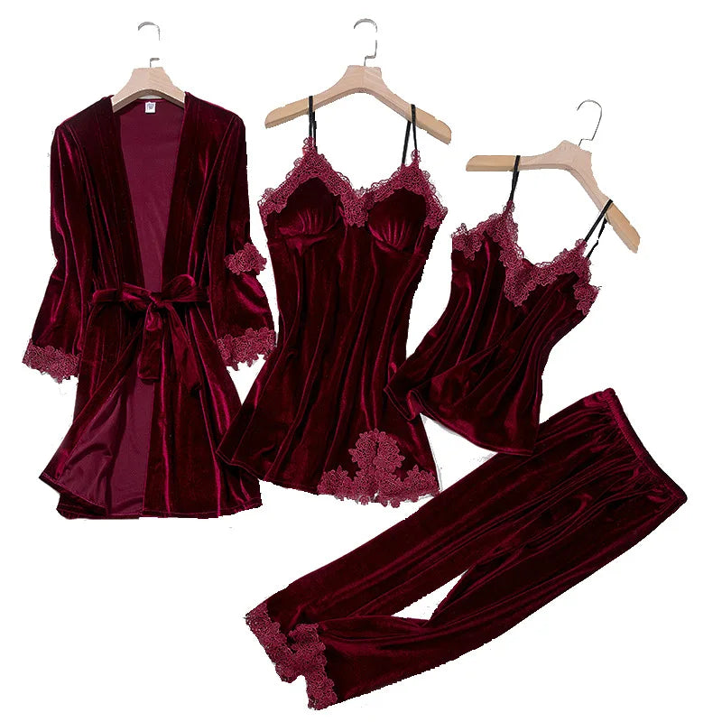 TOP Casual Velour Home Clothing 4pcs Sleep Set Intimate Lingerie Women Pajamas Suit Long Sleeve Lace Velvet Homewear Pyjamas set