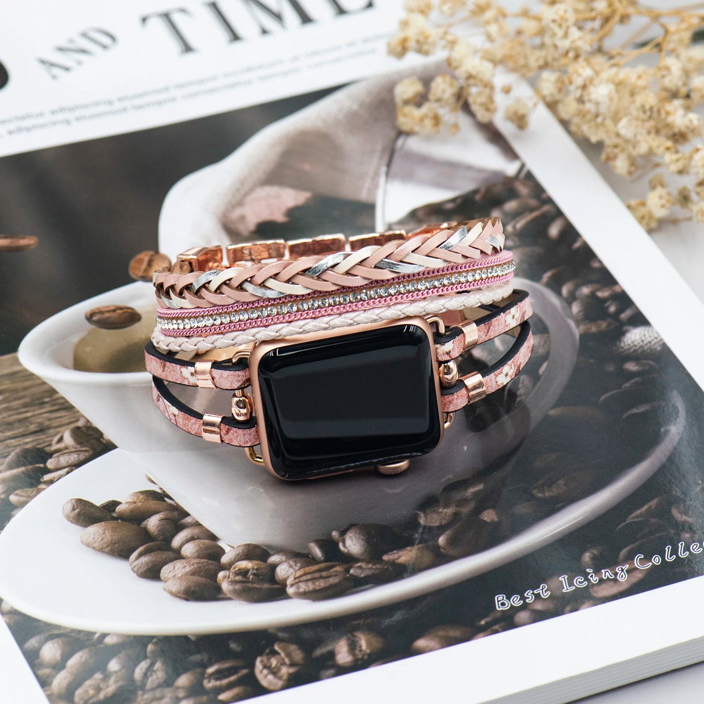 Boho Leather strap for apple Watch strap, men and women 38mm/40mm/41mm 42mm/44mm/45mm/49mm, stylish hand-printed leather strap