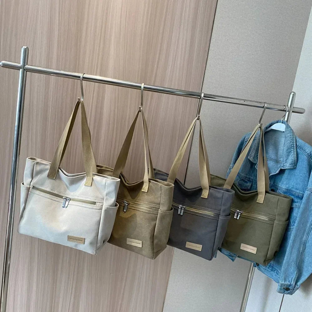 Fashion Retro Versatile Canvas Tote Bag Leisure Student Shoulder Bags Portable Handbag with Zipper for Women