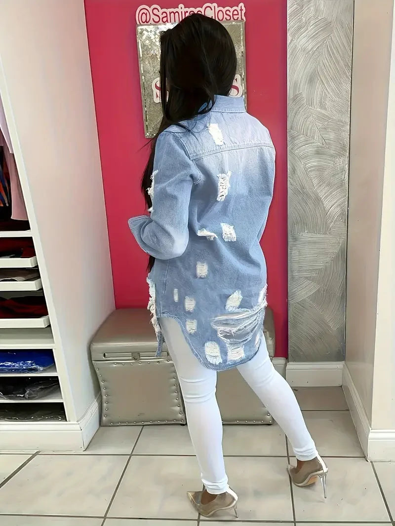 Women Solid Color Stylish Button-down Denim Shirt Ripped Pocket Long-sleeved Denim Jacket