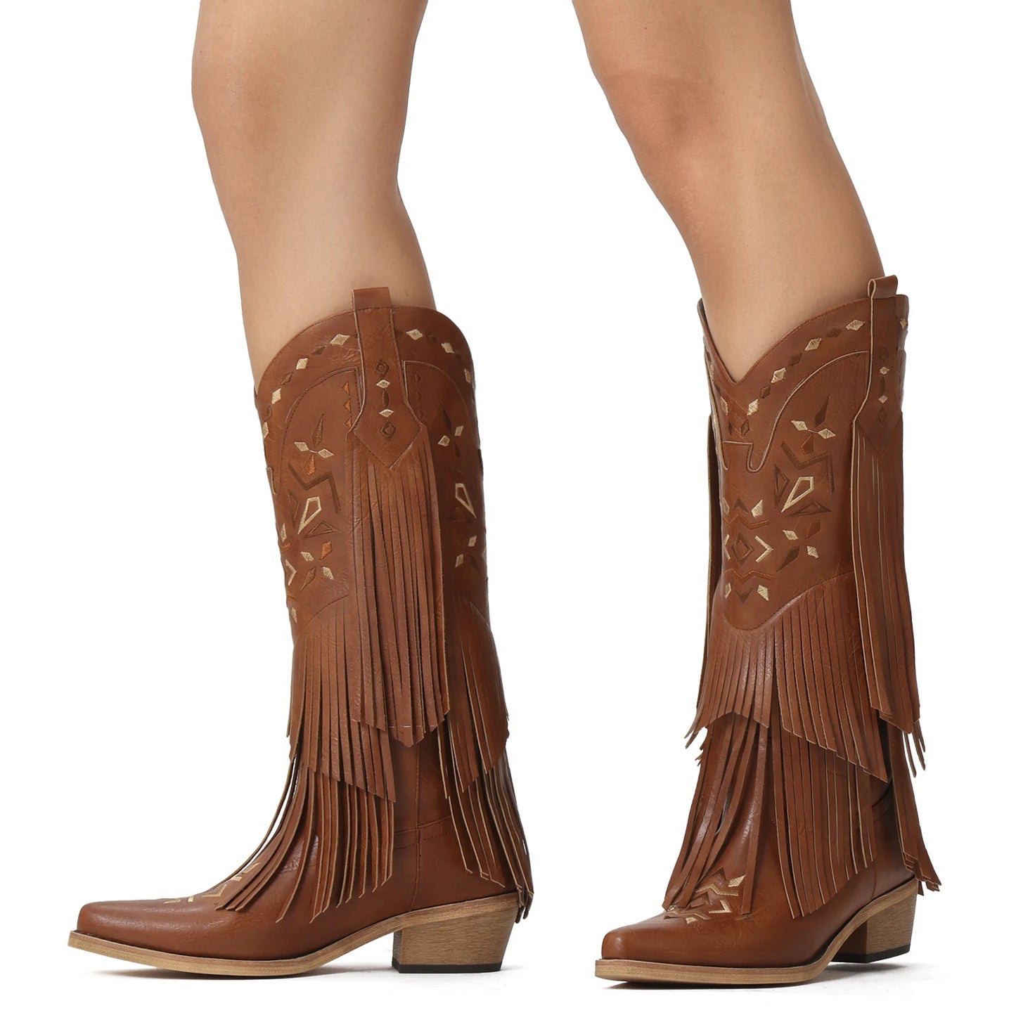 Women's knee-high cowgirl boots with fringe, classic embroidery, and pointed toe. Retro style for western events.