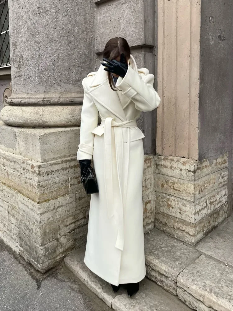 Elegant Lace Up Overcoats Women Double-breasted Wool Long Coats With Pockets 2025 High Street Fashion Autumn Winter Outerwears