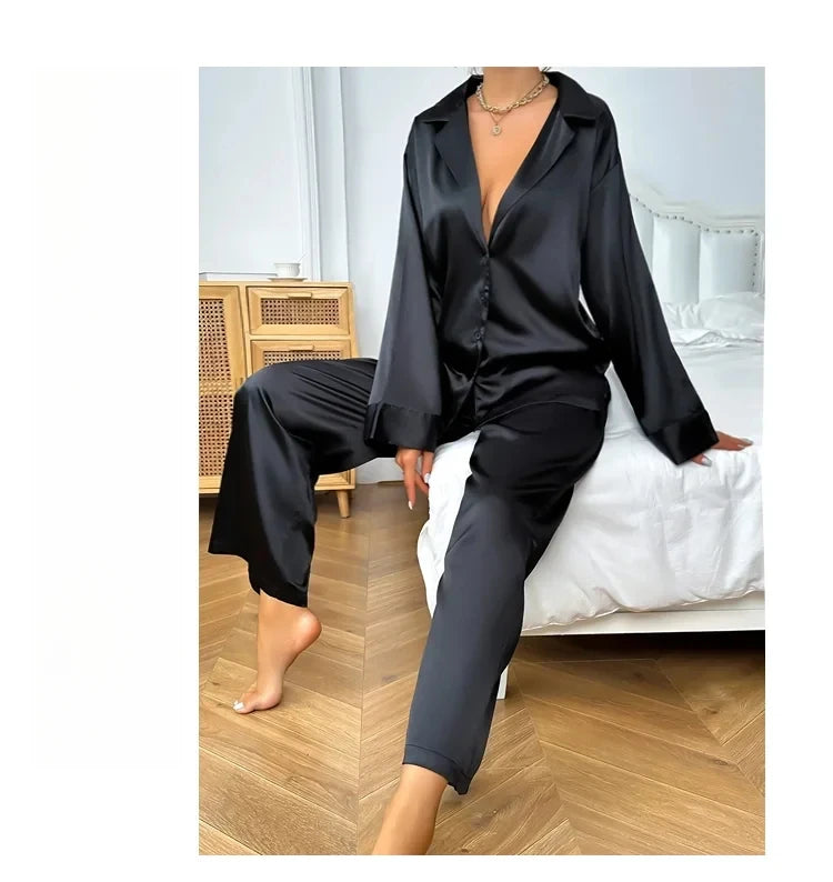 Satin Silk Sleepwear Low Cut Sexy Pajamas For Women Single-Breasted Long Sleeves Wide Leg Pants Trouser Suits Oversized