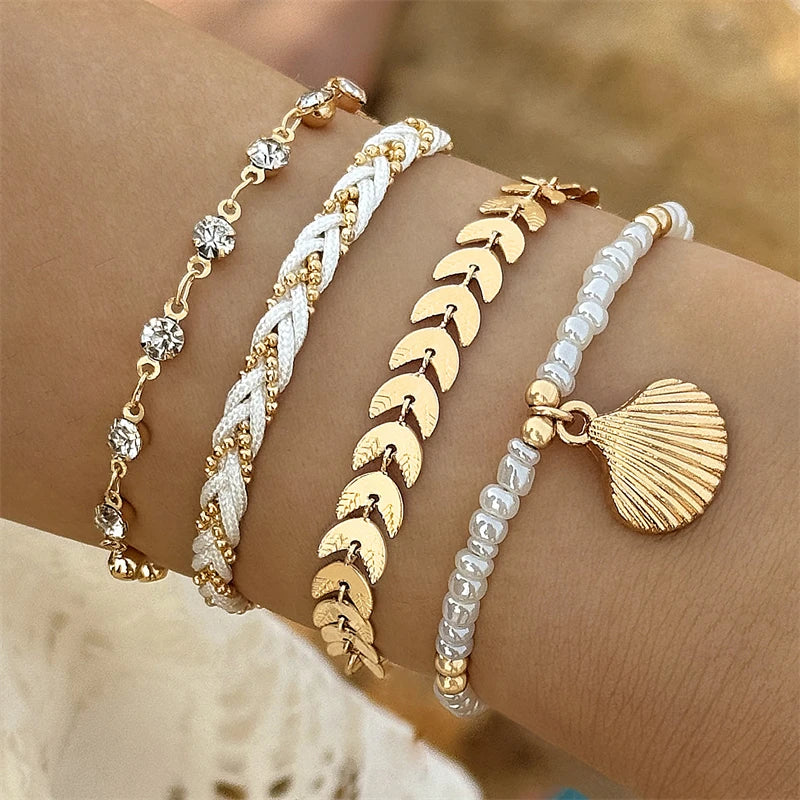 4pcs/set Bohemia Shell Bracelets for Women Colorful Zircon Rice Beads Metal Chain Bangles Girl Summer Beach Jewelry