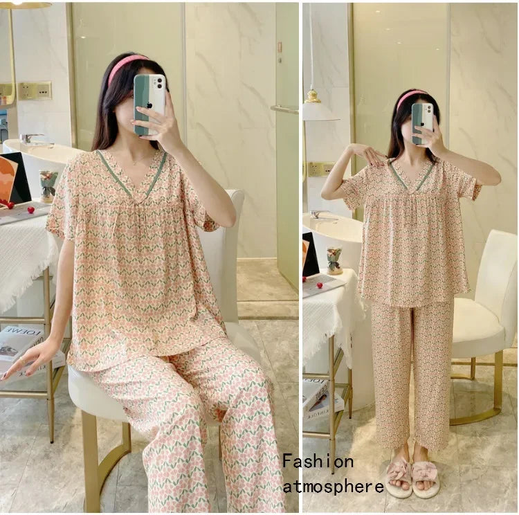 Spring Summer Pajamas Women Short Sleeve Pants Suit Cotton Rayon V-Neck Korean Home Wear Set Large Size Ladies Sleepwear