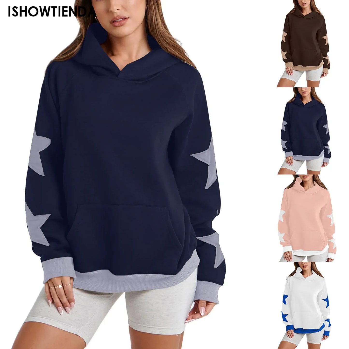 Y2k Vintage Star Print Hooded Hoodie For Women Casual Loose Long Sleeve Hooded Drawstring Sweatshirts Autumn Spring Coat Street