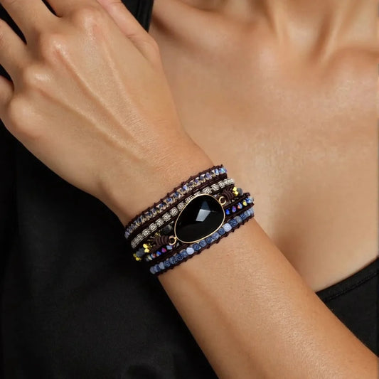 Exclusive Leather Bracelet Black Onyx Mix 5 Strands women and men Wrap Bracelets Bohemian Bracelet gift jewelry