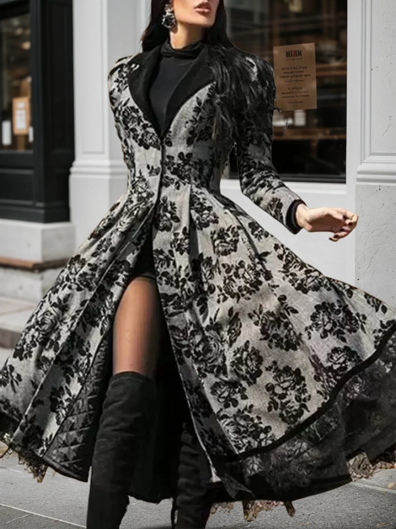 Women's New Retro Floral Lace Patchwork Long Jacket, V-Neck, Slit Hem, Comfortable Fit, Machine Washable, Suitable for Spring