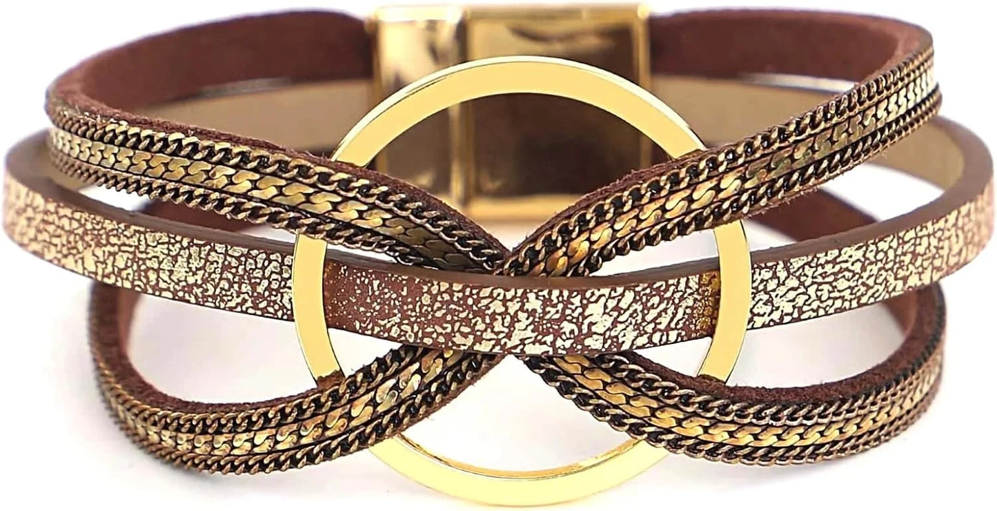 Fesciory Leopard Bracelet for Women, Boho Leather Wrap Multi-Layer Pearl Crystal Bracelet Bangle Jewelry