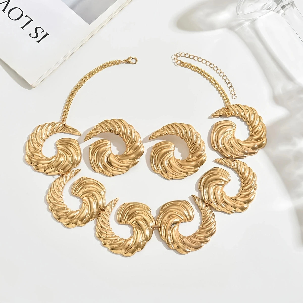 14K Gold Spiral Set, Liquid Metal Necklace & Earrings, Handmade, Timeless Elegance To Red Carpet Glamour