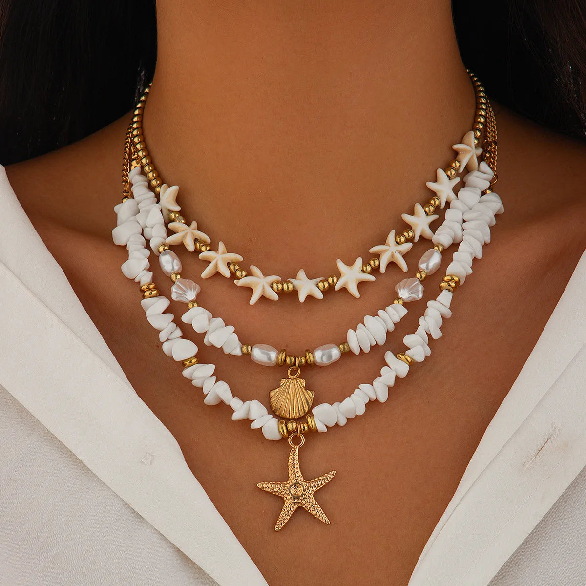 Accessories, holiday shell beaded collarbone chain, beach alloy imitation pearl multi-layer starfish necklace