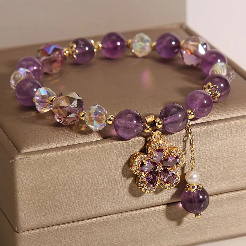 Natural Amethyst Bracelet for Women, Floral Boho Chic Crystal Beads Handmade Adjustable