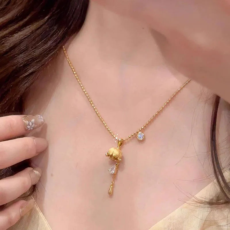 Gold Vintage Drop Flash Diamond Lily of the Valley Pendant Temperament Necklace for women