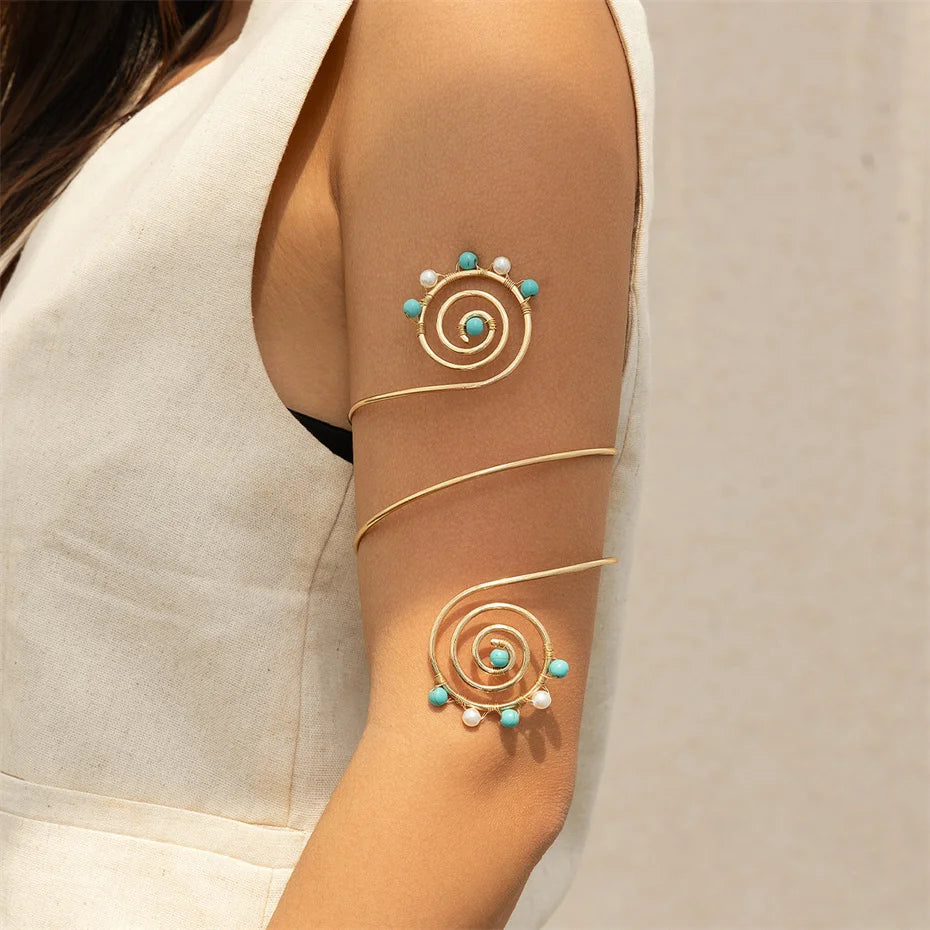 12 Colors Bohemian Stone Upper Armband Cuff Open Bangles for Women Tassel Long Chain Pendant Arm Body Bracelet Jewelry