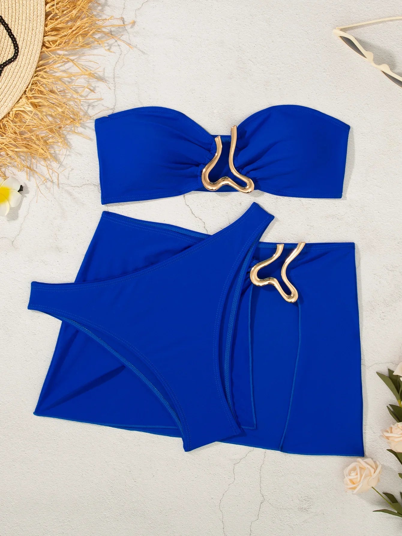 Sexy Solid Strapless Bikini 3 Piece Set Women Metal Split Swimsuit High Waist Beach Skirt 2025 New Summer Swimwear Bikini Set