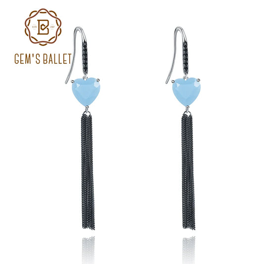 925 Sterling Silver Gemstone Handmade Earrings Natural Heart Aqua-blue Calcedony Fishhook Earrings Gift For Her