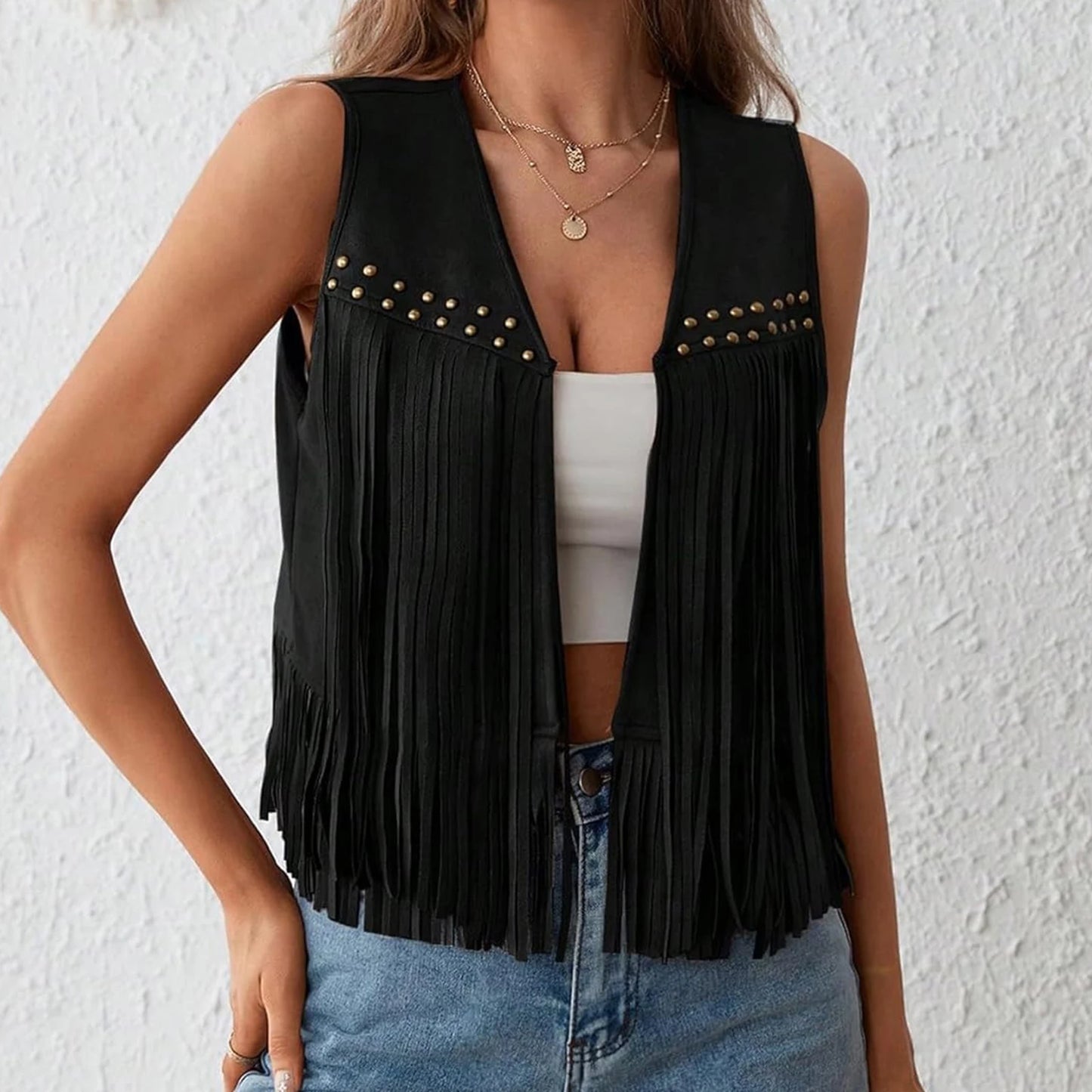 Vintage Fringe Suede Jacket 70s Boho Hippie Outfit Sleeveless Open Front Vest Western Cowgirl Coat Retro Fashion Trend