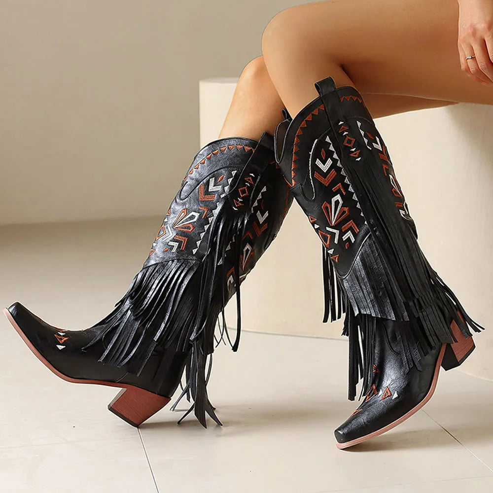 Retro Tassel Embroidered Cowgirl Mid-Calf Women Western Boots Pointed Toe Chunky High Heel Cowboy Cool All-Match Shoes