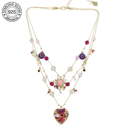 925 Silver, Multi-layer heart bead set, Bohemian style, pendant set with natural stones, gemstones, zirconia, crystals, pearls,