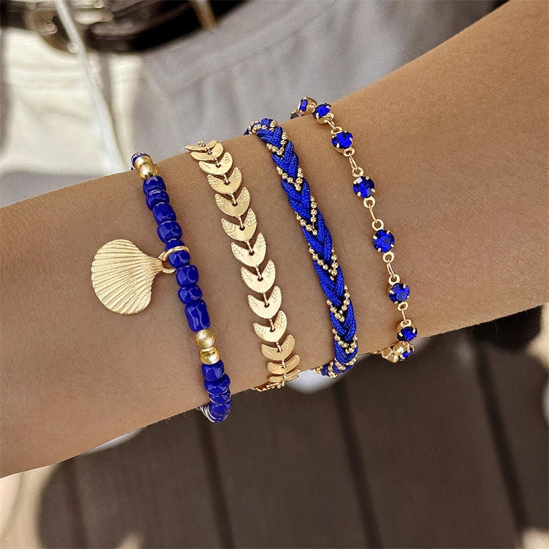 4pcs/set Bohemia Shell Bracelets for Women Colorful Zircon Rice Beads Metal Chain Bangles Girl Summer Beach Jewelry